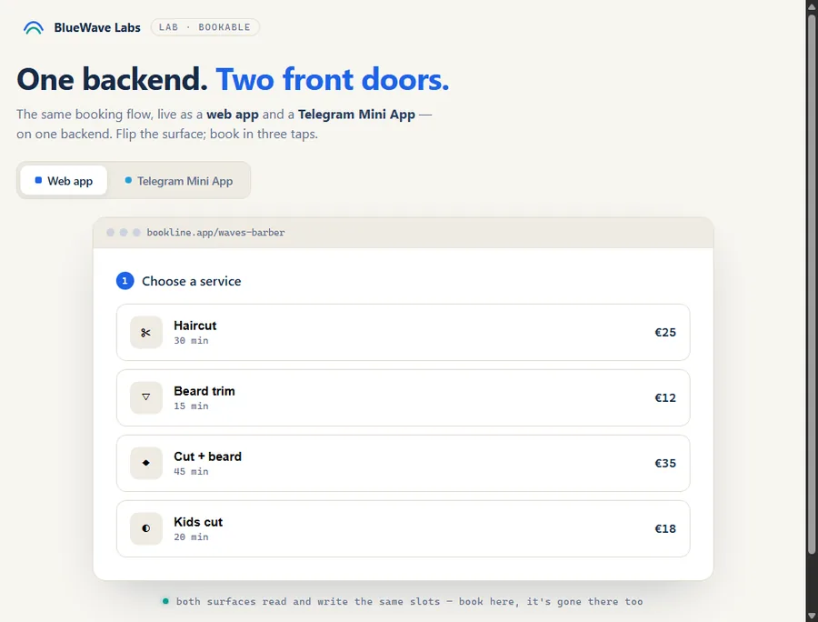 Bookable — a booking flow shown as a web app and a Telegram Mini App