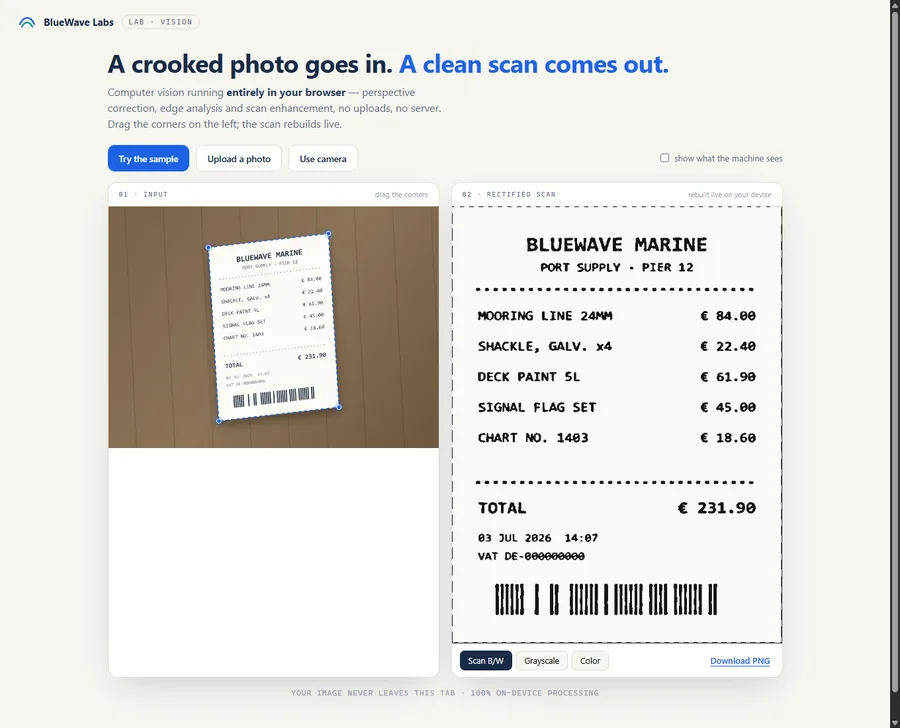 Vision Lab — a crooked photo of a receipt rectified into a clean scan, in the browser
